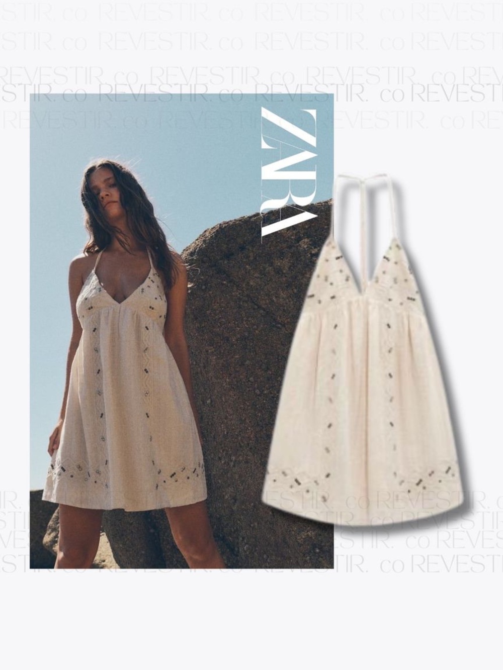 Zara cute boho Cream Embroidered Halter Mini Dress coverup Beachy